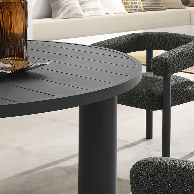 Modway Nautica 5-Piece Outdoor Round Dining Set in Charcoal Graphite – Aluminum Patio Table and Chairs for 4 – Deck Table and Chairs - Small Outdoor Dining Set with Upholstered Curved Back Armchairs