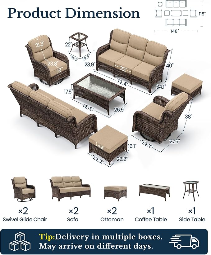 HILLGA 8-Piece Luxury Patio Furniture Set with 6" Thick Cushions, Weather-Resistant Wicker High Back Swivel Rocker Chairs, Senior-Friendly Outdoor Sofa Set for Large Deck, Yard and Poolside, Beige(V2)