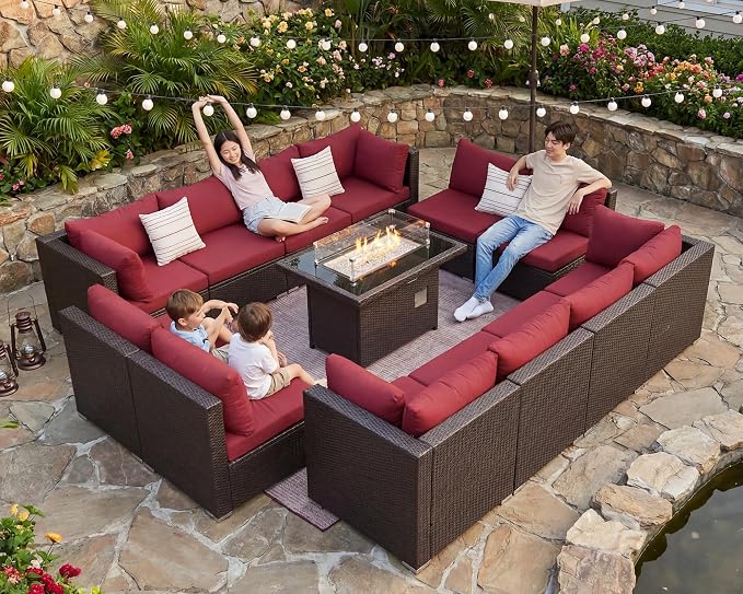 BULEXYARD 13 Piece High Back Wicker Patio Furniture Sets with Fire Pit, Elegant XL Oversized Outdoor Seating Set Modular, Comfy Extra Deep Wide 12-Person Sectional Couch Sofa for Backyard, Brown & Red