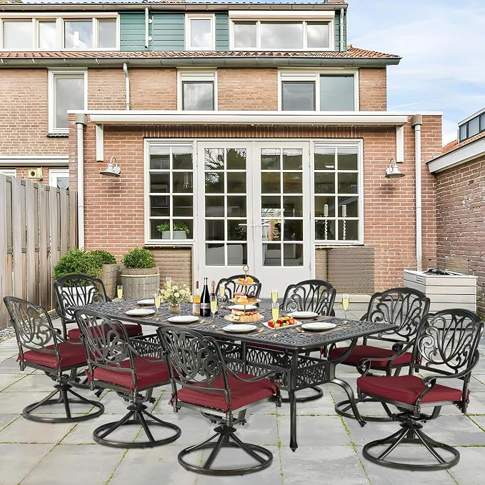 9-Piece Patio Cast Aluminum Dining Set, Outdoor Dining Furniture Set for 8 Person, Includes 94.5" Rectangular Dining Table and 8 Swivel Chairs with Umbrella Hole for Deck Garden, Red