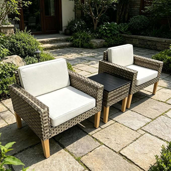 DECMICO 3 Piece Rattan Conversation Bistro Set, Outdoor Wicker Patio Furniture Set, All-Weather PE Rattan Chairs with Cushions for Backyard, Balcony, Garden, Beige