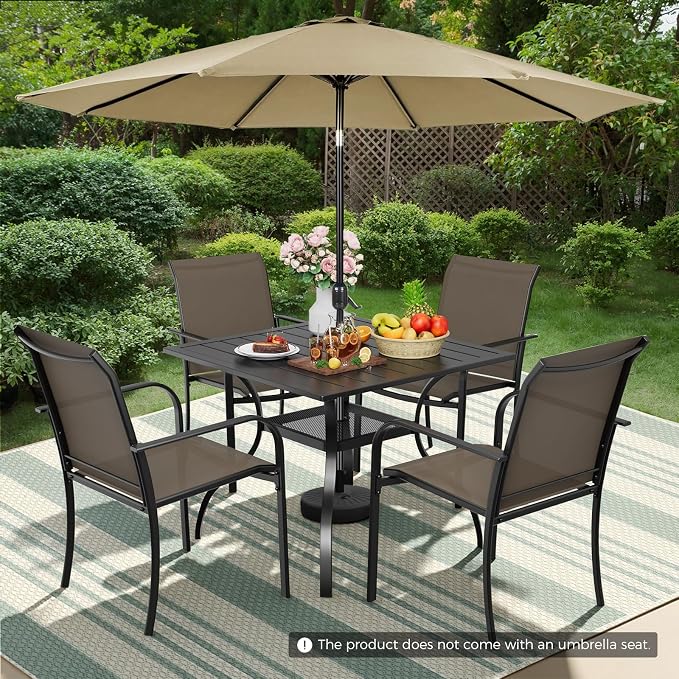 Incbruce 6-Piece Patio Furniture Set with Brown Umbrella, Patio Table and Chairs Set of 4 Textilene Chairs and Square Table with Umbrella Hole for Garden, Deck and Backyard (Brown)