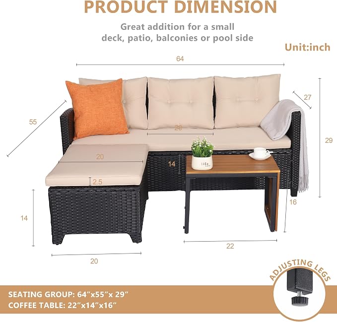 Suntone Outdoor Wicker Patio Furniture Sets, Patio Conversation Set - 3 Piece Patio Sectional Sofa Set, Coffee Table, Black/Beige