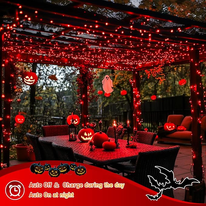 JMEXSUSS 4 Pack Solar Fairy Lights, 100 LED 33FT Red Halloween Lights | Outdoor Waterproof, 8 Modes Copper Wire Solar String Lights for Outside Patio Yard Garden Christmas Halloween Decorations