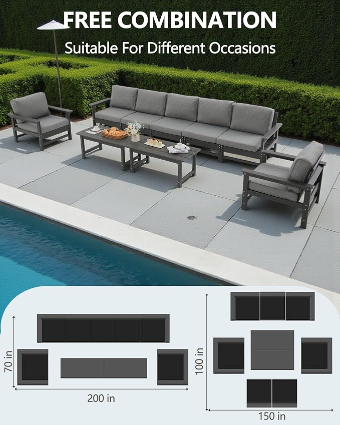 HDPE Outdoor Patio Furniture Set, 9-Piece Sofa Set with 5-Seat Couch, 2 Armchairs & 2 Coffee Tables, Weatherproof Conversation Set with Cushions, All-Weather Waterproof, for Garden, Porch & Backyard