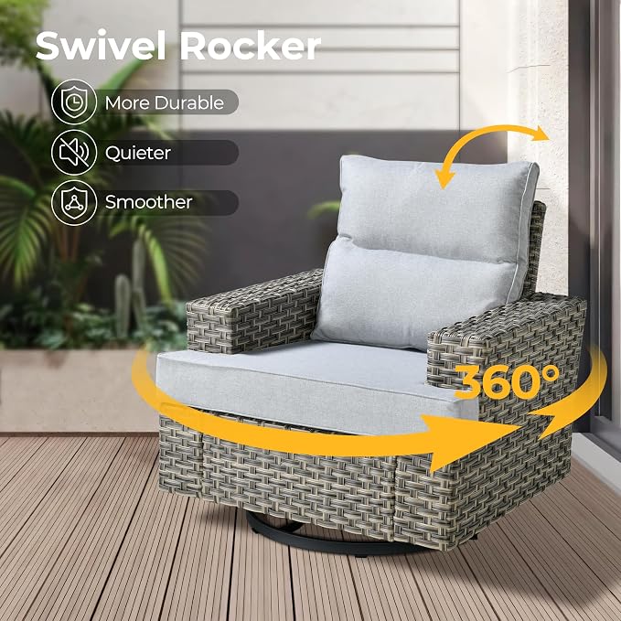 HOOOWOOO Sectional Patio Furniture Set with Fire Pit Table,12 Pieces Wicker Outdoor Furniture L Shaped Couch,Outside Conversation Set Extra Deep Sofa Wide Arm Swivel Chairs Solar Light,Gray