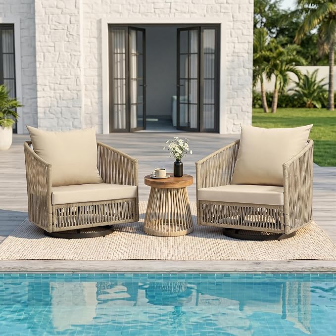 Outdoor Patio Furniture Set, 3 Pieces Outdoor Swivel Chairs with Coffee Table and Thick Cushion, Pe Wicker Rope Furniture Set for Entertaining, Balcony, Garden, Poolside, Khaki
