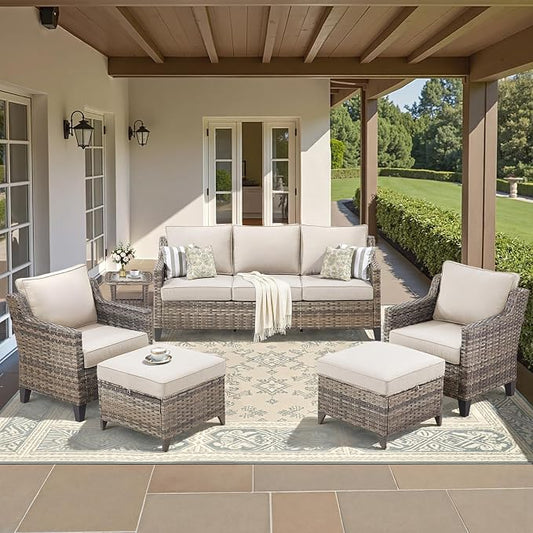 Buenhomino Outdoor Patio Furniture Set-PE Wicker Sofa Couch with Ottomans Comfy Cushions, All Weather High Back Patio Conversation Set for Porch Deck Balcony Garden Grey/Beige