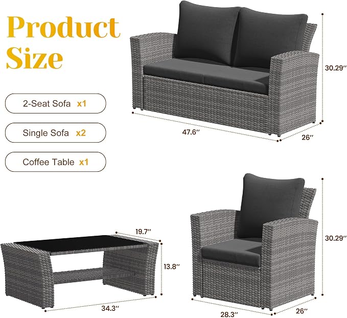 FansaFurn 4-Piece Outdoor Patio Furniture Set, All Weather Wicker Rattan Sectional Sofa Conversation Seating Set with Cushions & Large Glass Coffee Table, Ideal for Garden Backyard Porch, Dark Grey
