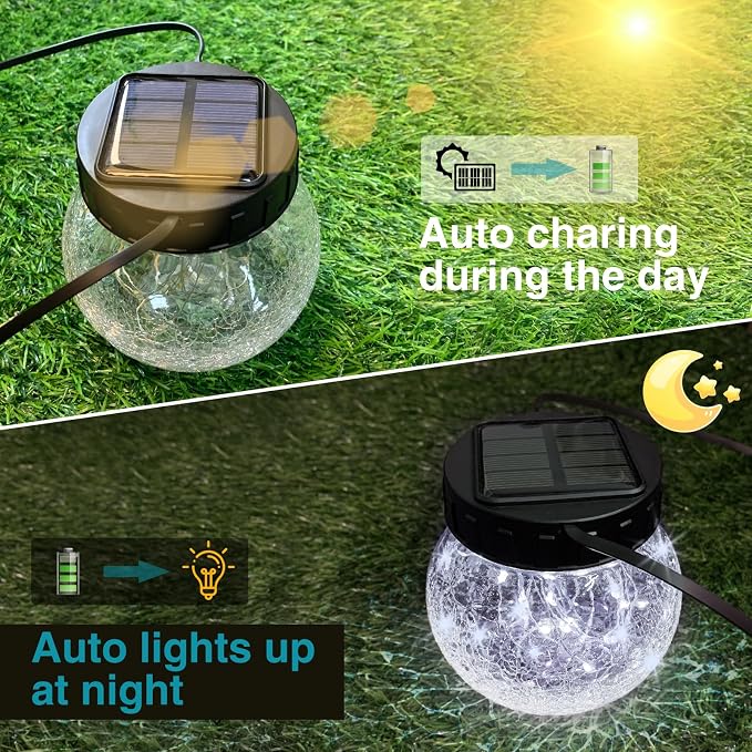 Kolpop Solar Lanterns Outdoor Waterproof 6 Pack, Hanging Solar Lights with 30 LED, Cracked Glass Hanging Globes for Garden Patio Fence Yard Christmas Tree Decoration, Cold White