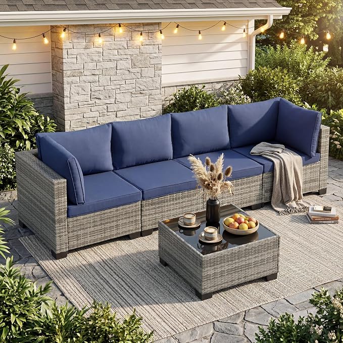 ANJ 5 Piece Outdoor Wicker Patio Furniture Set, Modular Loveseat Sofa with with Glass Top Coffee Table, All-Weather Rattan Conversation Couch Set for Balcony, Backyard, Light Grey Wicker-Blue