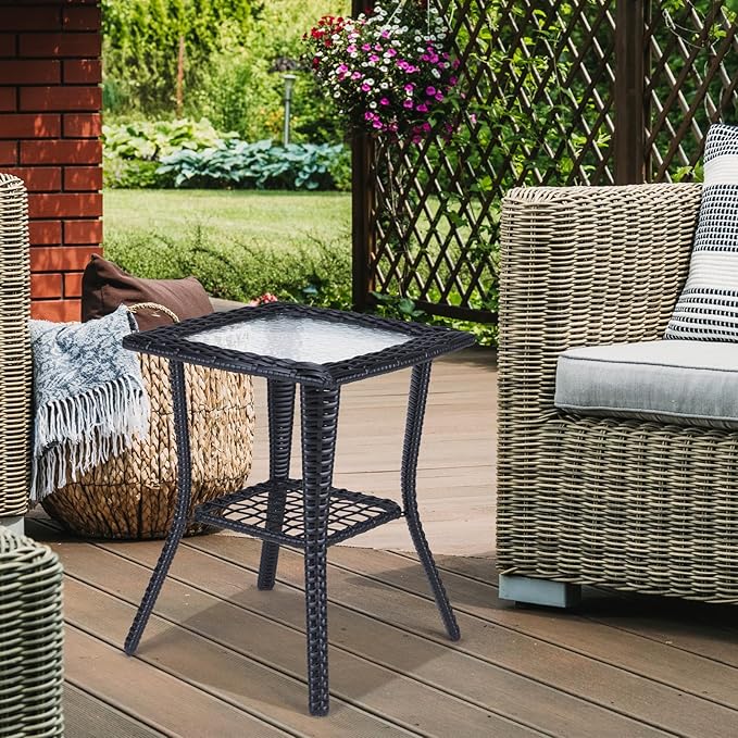 Outdoor Wicker Side Table, Rattan End Table with Glass Top, Patio Coffee Bistro Table for Indoor Garden Porch Balcony (Black)