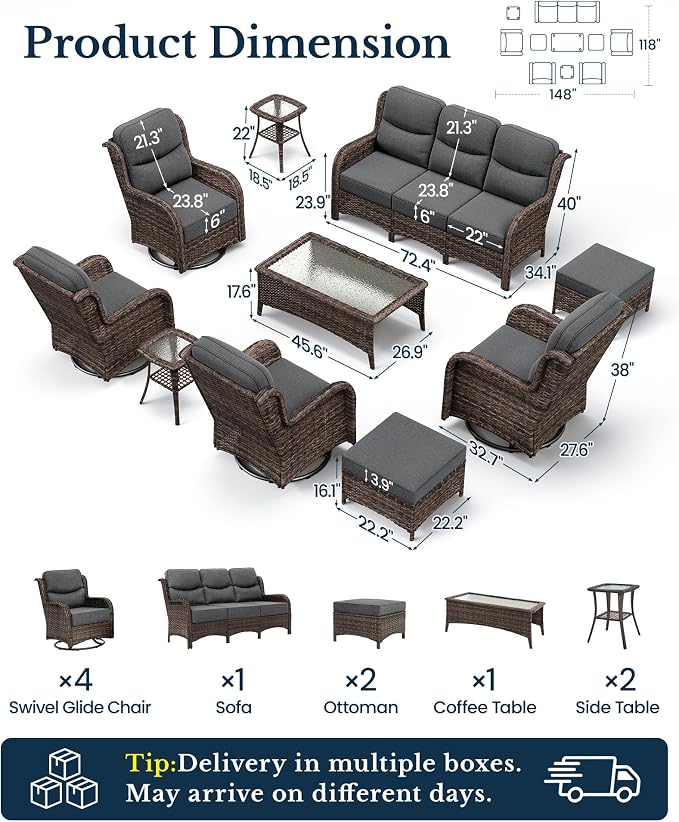 HILLGA Luxury Outdoor Patio Furniture Set with 6-Inch Thick Cushions, High Back Wicker Swivel Rocker Chairs, 10 Pcs All Weather Furniture Set for Large Deck, Yard and Poolside, Gray (V3)