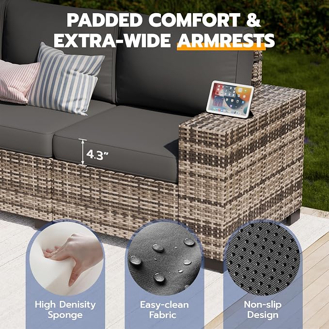 Patio Furniture Set, Wide Armrest Outdoor Furniture Set with Thick Cushions, 6 Piece Wicker Rattan Patio Sectional Sofa for Backyard, Poolside, Garden