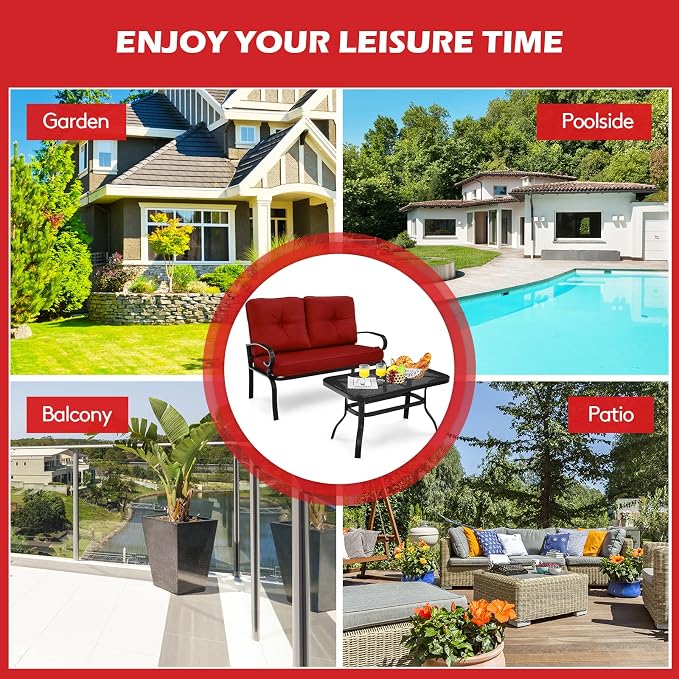 RELAX4LIFE Patio Loveseat with Coffee Table - 2-Piece Patio Conversation Sofa Set w/Backrest & Cushions, Modern Outdoor Glider Bench for Garden, Backyard, Poolside, Metal Porch Furniture (Red)