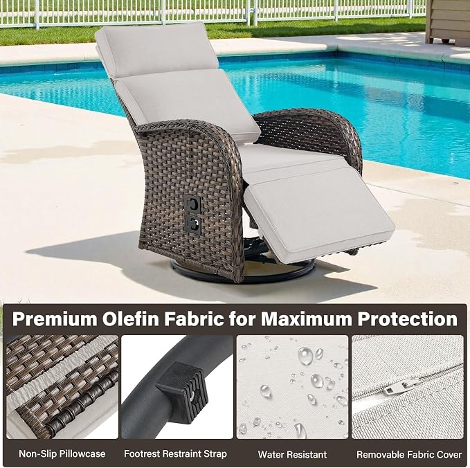 Belord Dual-Adjust Outdoor Swivel Recliner Chair – Reclining Patio Chair with Adjustable Backrest and Footrest, All-Weather Wicker Chaise Lounge Chair Outdoor for Pool Deck Beige (Upgraded 2.0)