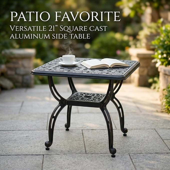 Square Outdoor Coffee Table Set of 2, Cast Aluminum Side Table with Storage,Indoor End Table, All-Weather Bistro Table for Patio Garden Lawn, Black