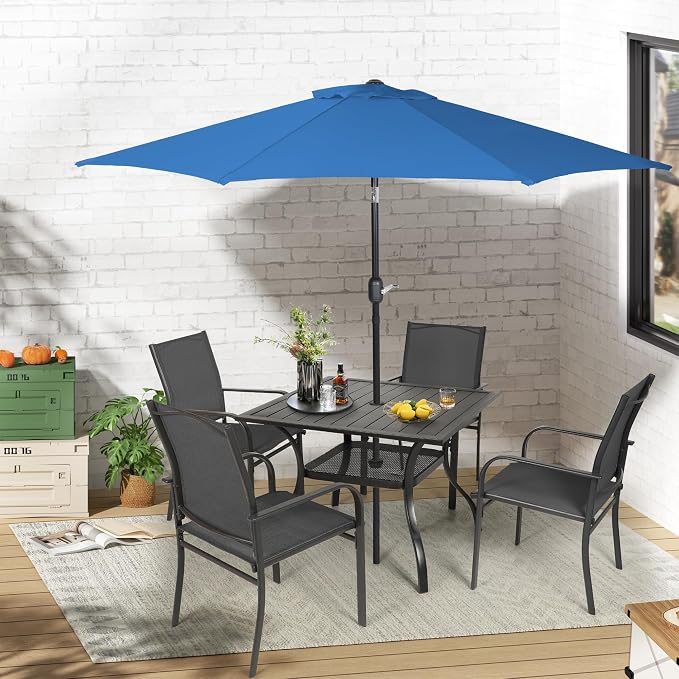 Crownland 5 Piece Patio Dining Set, Textilene Dining Sets, 4 Textilene Metal Chairs and Square Outdoor Dining Table with Dark Blue 9FT Round Outdoor Umbrella (Black)