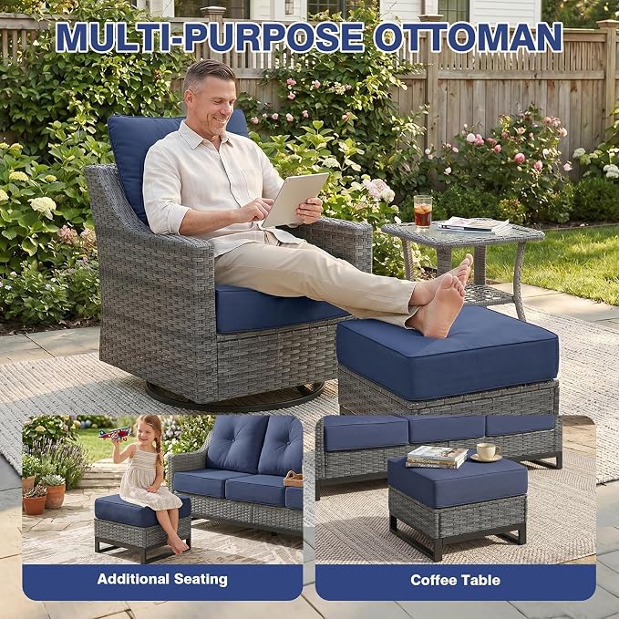 12 Piece Patio Furniture Set, 360°Swivel Glider Patio Chairs Set of 4, Outdoor 4 Ottomans,2 Sofas, 2 Side Tables Comfortable Seating with 6 Inch Thick Cushions, All-Weather Wicker Outdoor Patio Set