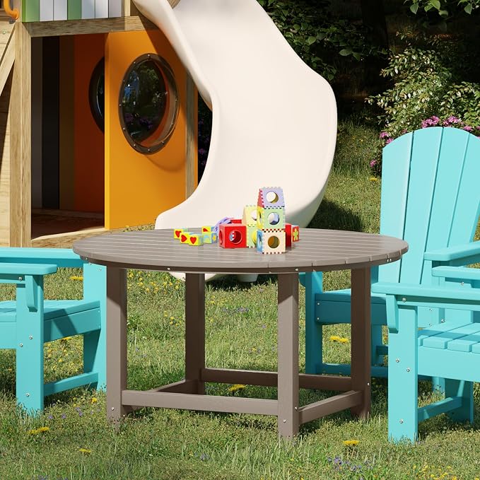 WestinTrends Malibu Kids Outdoor Patio Furniture HDPE 38" Wide Round Dining Table, Weathered Wood