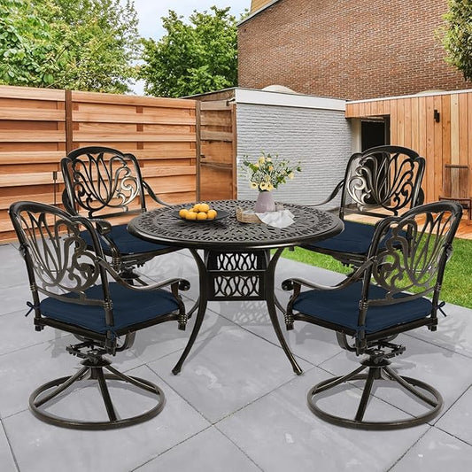 5 Piece Patio Dining Set, Outdoor Table and Chairs Set for 4 Cushioned Swivel Rocking Chairs and 35.4'' Round Table, All-Weather Cast Aluminum Patio Funiture Set, 2'' Umbrella Hole, Navy