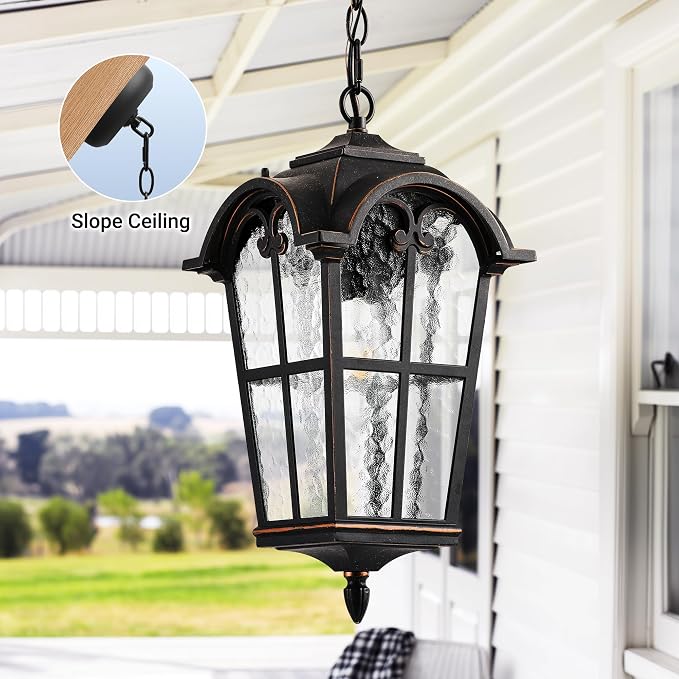 VIANIS 18.7" Large Outdoor Pendant Light, Vintage ORB Outside Chandelier with Ripple Glass, Anti-Rust Pendant Lights for Porch, Doorway, Entryway, Adjustable Length Hanging Lighting, Hardwired