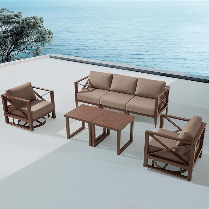 Aluminum Patio Furniture Set, 5-Seat Outdoor Conversation Set with 2 Swivel Rocking Chairs & 2 Coffee Tables, Weather-Resistant Sofa Set for Poolside, Garden, Backyard – Brown