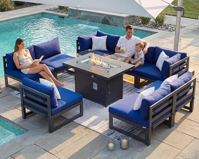 BULEXYARD 9 Piece Large Modern Aluminum Outdoor Patio Furniture Set with Fire Pit Table, 29 inch Wide Deep Seat, Rust Proof Comfy Sectional Sofa, 500 lbs Sturdy Front Yard Conversation Set, Navy Blue