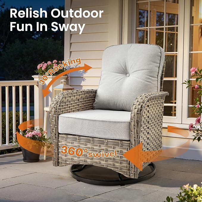 ovios 9 Piece Patio Sectional Furniture with Swivel Rocking Chairs, Rattan Wicker Coversation Couch Set, Outdoor Sofa Set for Outside Porch Balcony Backyard Pool, Light Grey