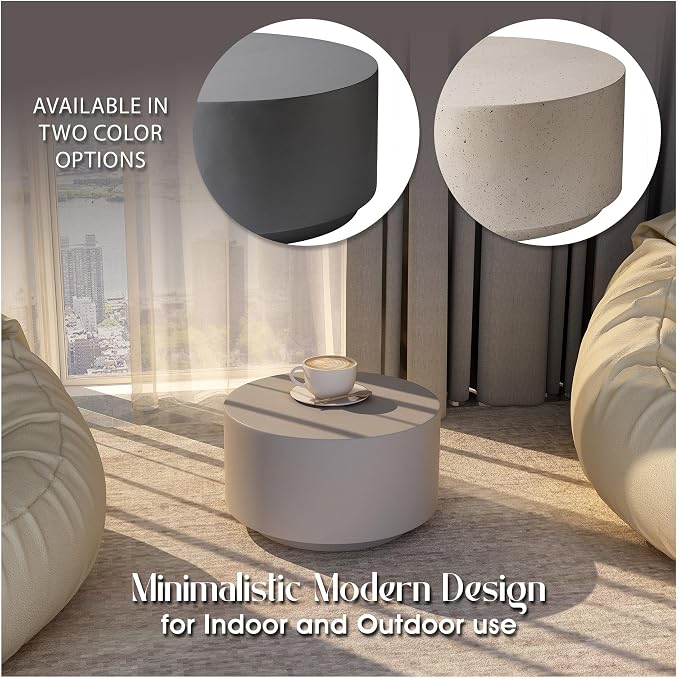 LeisureMod Minimalist Side table Assembled 36” Round Modern Fiberstone Top Accent Table for Outdoor, Home, Living Room Terra Series in Grey