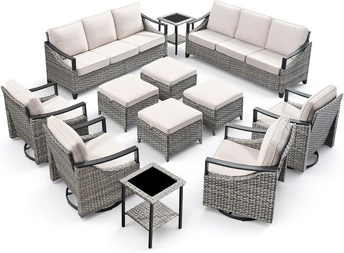 12 Piece Wicker Patio Furniture Sets-High Back Wicker Swivel Rocker Patio Chairs Set of 4 with Thick Cushions Ottomans, Outdoor Sofa, Patio Conversation Sets for Porch Balcony Patio Deck Grey/Beige