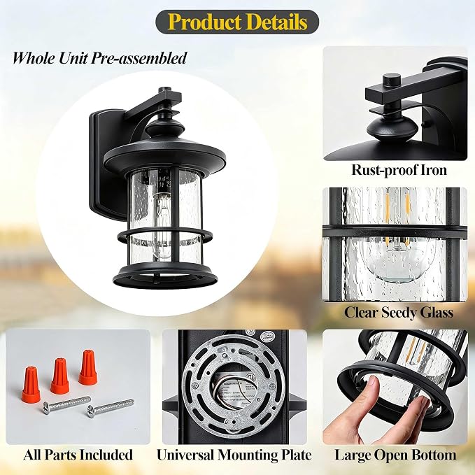MICSIU 100W Max Modern Industrial Textured Black Outdoor Wall Light 1 Pack | 10 Inch Metal Round Exterior Wall Sconce Lighting, Clear Seedy Glass Porch Light for Entryway, Garage, Front Door