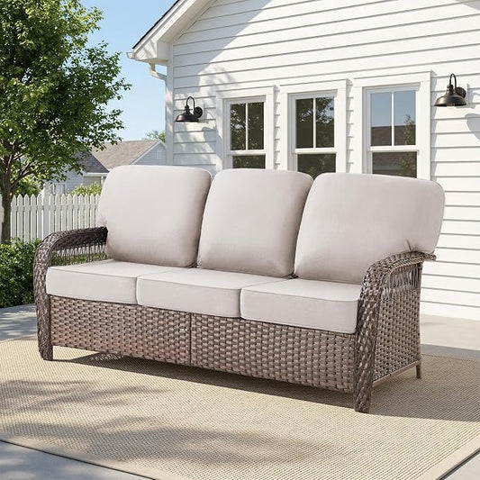 Belord Luxury Outdoor High Back Couch, All-Weather Wicker 3-Seater Sofa, Wicker Patio Furniture for Deck Porch Garden,Beige