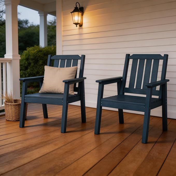 Takywep 23.9” Wide HDPE Patio Dining Chairs Set of 2, 650LBS Capacity All-Weather Yard Armchair with Slatted Seat, Heavy Duty Modern Backyard Furniture for Garden, Poolside, Deck, Blue