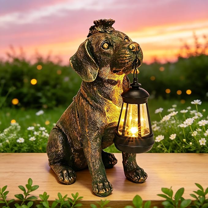 Solar Garden Statue Dog Figurine Decor with Lantern Lights, 11 Inch Outdoor Decoration Solar Dog Sculptures for Outside Patio Lawn Balcony Yard Ornament, Dogs Lover Gifts for Women Mom Birthday
