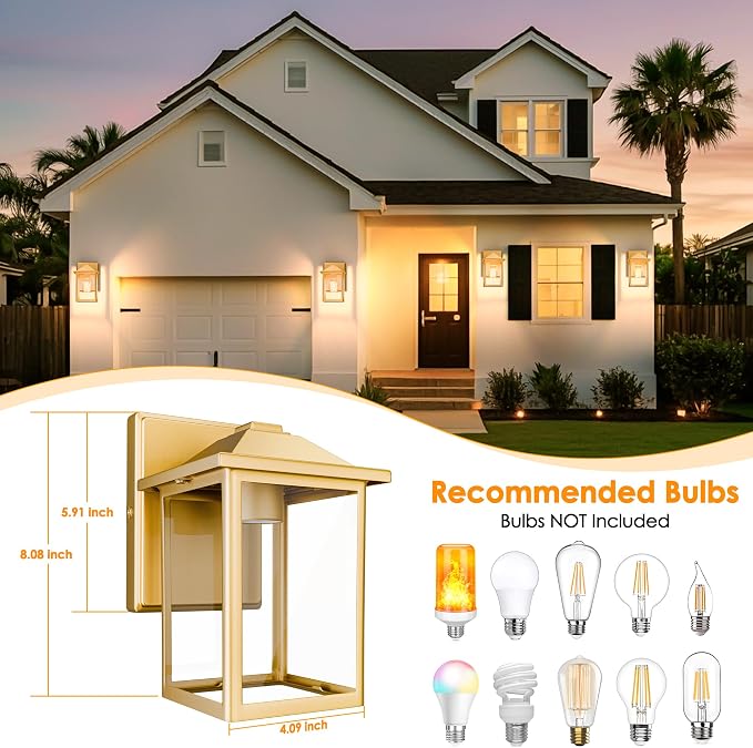 MATAMEYE Outdoor Wall Light Fixture, Exterior Waterproof Porch Lighting | Gold Patio Wall Lantern, Anti-Rust, Clear Glass, E26 Socket, Wall Mount Sconce Lighting, Outside Front Door Light Entryway