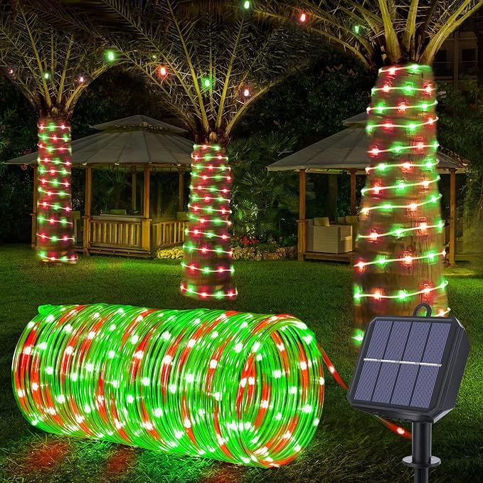 Solar Rope Lights, 33ft 100LED Solar String Lights, 8 Modes Waterproof Solar Outdoor Light, Flexible Clear Trampoline Light for Garden Backyard Patio Deck Porch Pool Tree Decoration - Red & Green