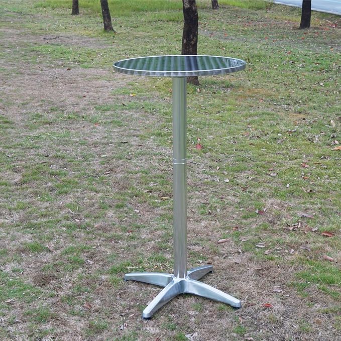 BTEXPERT Set of 2, Aluminum Indoor Outdoor 23.75" Round Restaurant Bar Height 45" Table flip top, Patio Stainless Steel Silver Furniture 25.75" Base