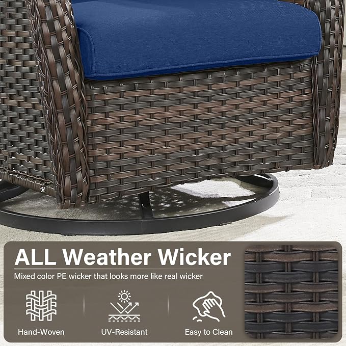 Outdoor Swivel Rocker Patio Chairs with 5" Thick Cushion - 3 Piece Wicker Bistro Set with Side Table, High Back Comfty Outdoor Glider Chairs for Balcony, Porch, Deck, Poolside - Brown-Blue