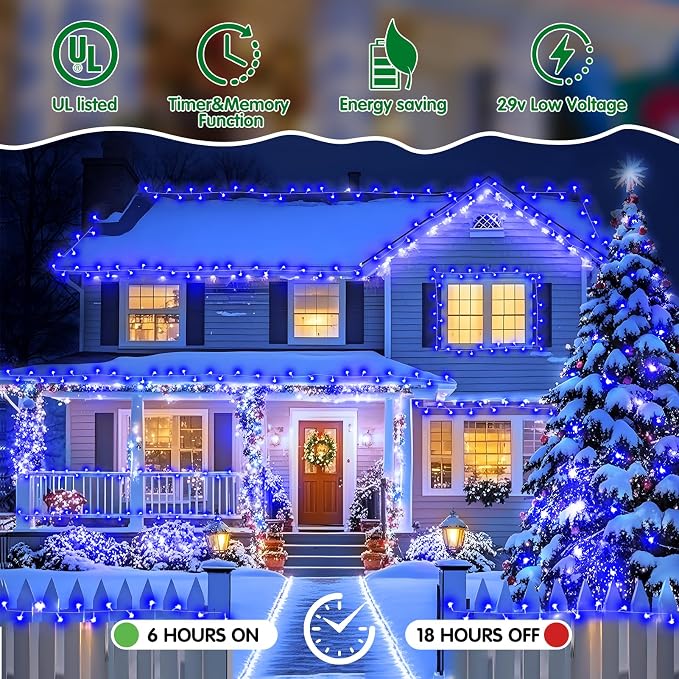 Christmas Lights Outdoor, 125FT 350 LED String Lights 8 Modes and Timer Memory Function Twinkle Fairy Lights Waterproof Plug in for Xmas Tree Wedding Party Holiday Decor(Blue)