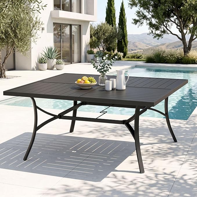 PHI VILLA Square Outdoor Table for 8, Black Metal Table w/Umbrella Hole | 57.5" large wrought iron table. Slatted top design, weather resistant. Perfect for patio, deck, porch, backyard.