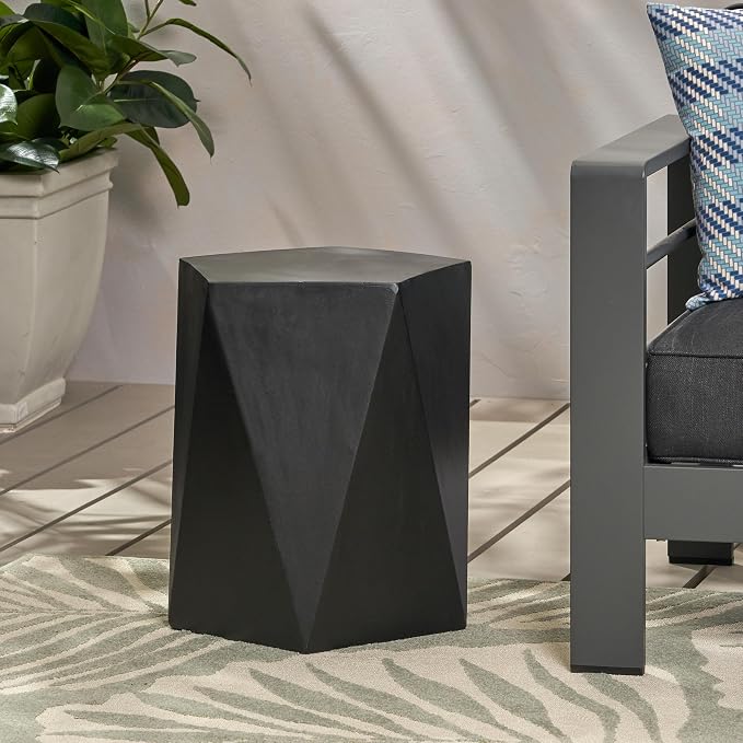 Outdoor Side Table Concrete Side Table Pentagonal End Tables Small Stone Coffee Tables Patio Garden Stool Plant Stand for Porch, Backyard Balcony,Weather Resistant, 16",Black