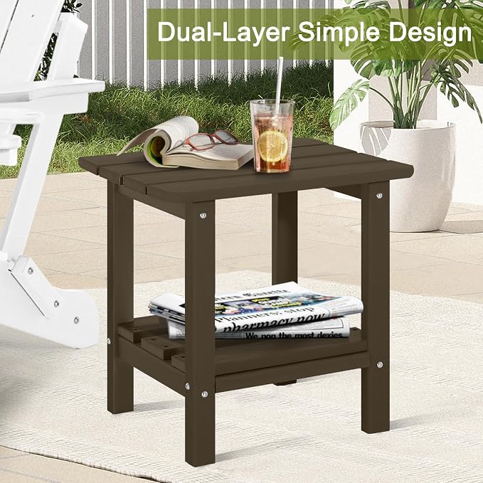 Adirondack Outdoor Side Table, 2-Tier Small Patio End Table, Weather Resistant HDPE Outdoor End Tables for Garden, Lawn, Pool, Beach, Porch, Deck, Backyard - Square, Dark Brown