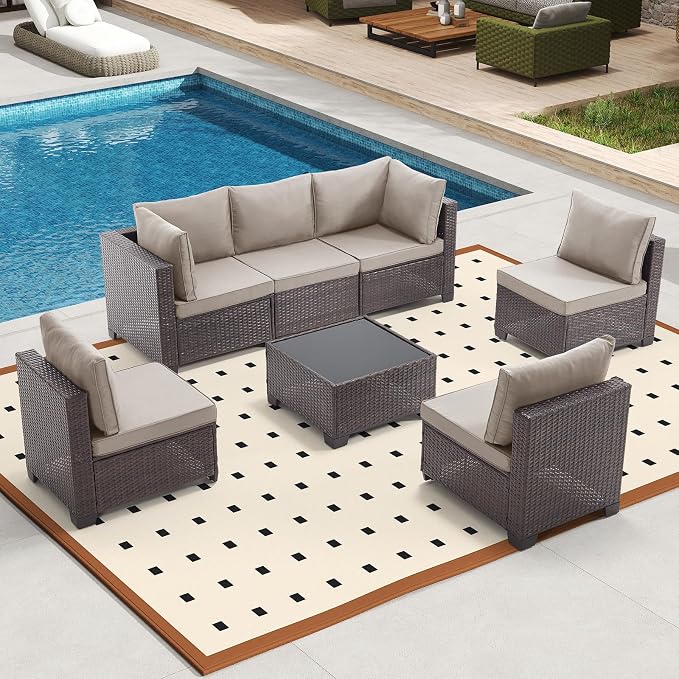 Bonzy Home 7 Pieces Outdoor Patio Furniture Set, PE Rattan Outdoor Sectional Furniture Sofa Set with Removable Cover and Glass Coffee Table, Patio Sofa for Balcony, Porch, Garden, (Brown-Grey)