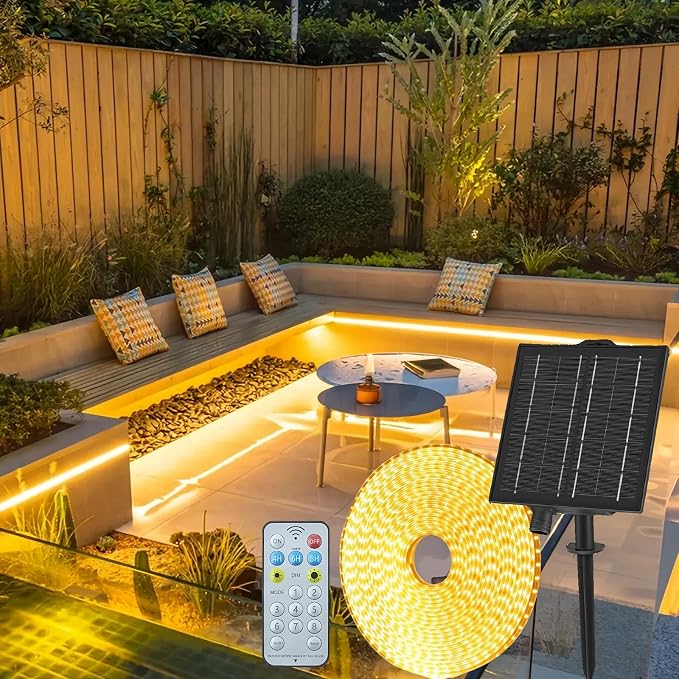 Gaoxun 50ft Solar LED Strip Lights Outdoor, 960 LED, Warm White Flexible Tape Light with Remote Control, Dimmable, 8 Modes, IP68 Waterproof Rope Lights Self-Adhesive for Camping Pool Pathway Decor