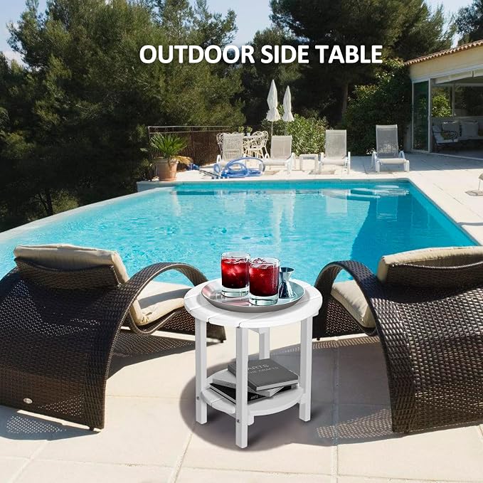 2 Tier Round Outdoor Side Table with Wood-Like Grain, HDPE Adirondack Table Patio Side Table, Weather Resistant End Table for Pool, Patio & Porch, Small Outdoor Table (White, Round)