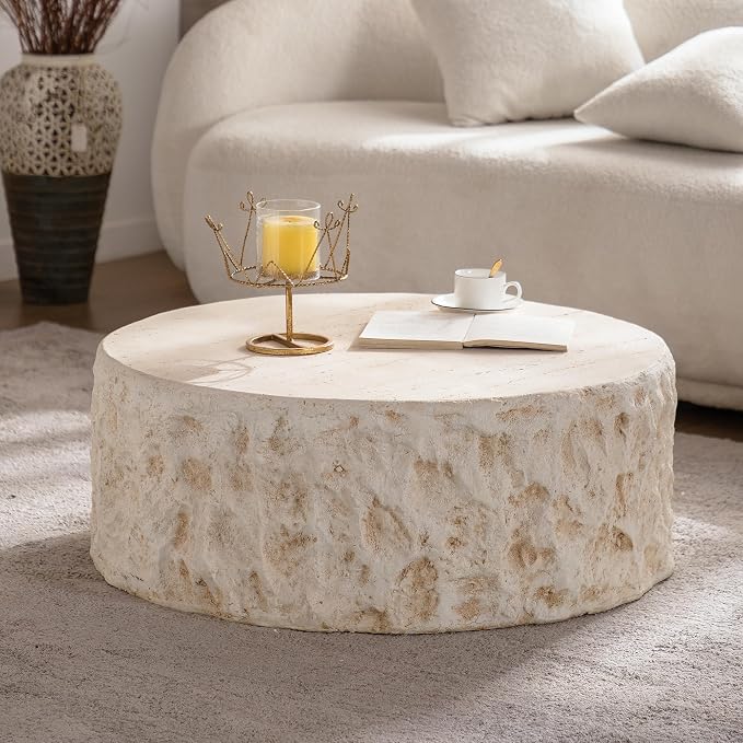 Round Coffee Table for Living Room Outdoor Faux Stone Coffee Table Amber Travertine Concrete Pattern, 31.49" Modern Faux Marble Center Tables Tea Tables, No Need Assemble, Beige