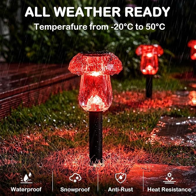 Solar Halloween Lights Outdoor 8 Pack Red Garden Mushroom Decor | LED Waterproof Halloween Decorations Outdoor for Pathway Yard Outside Driveway Walkway Landscape Path Lighting, Auto On/Off