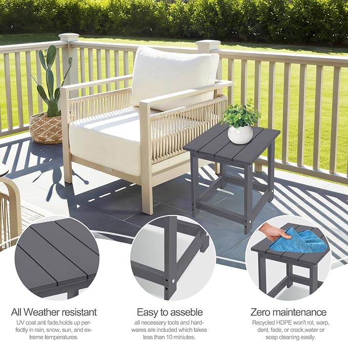 LZRS Patio End Table, Heavy Duty HDPE Outdoor Coffee Table with Wood Texture, Weatherproof Composite Table for Adirondack Chairs, Deck, Pool, Indoor/Outdoor, No Peeling or Cracking(Grey)