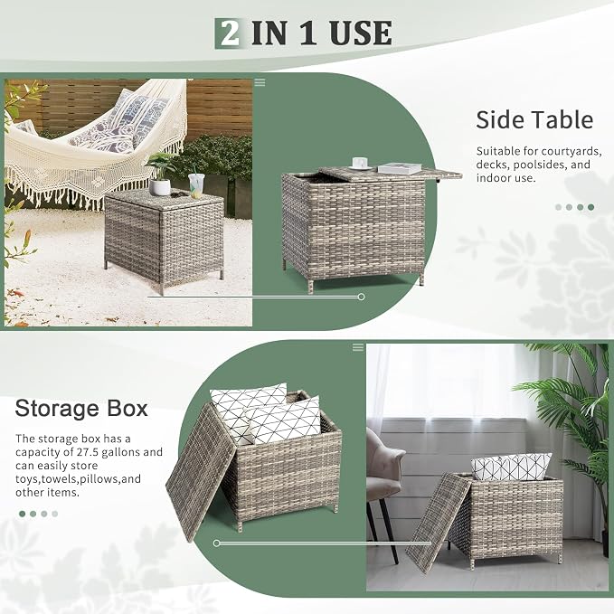 Wicker Rattan Side Table, Outdoor Wicker Storage Side Table, Patio Grey PE Rattan End Table with Storage, Square Container for Furniture Covers, and Gardening Tools,Grey